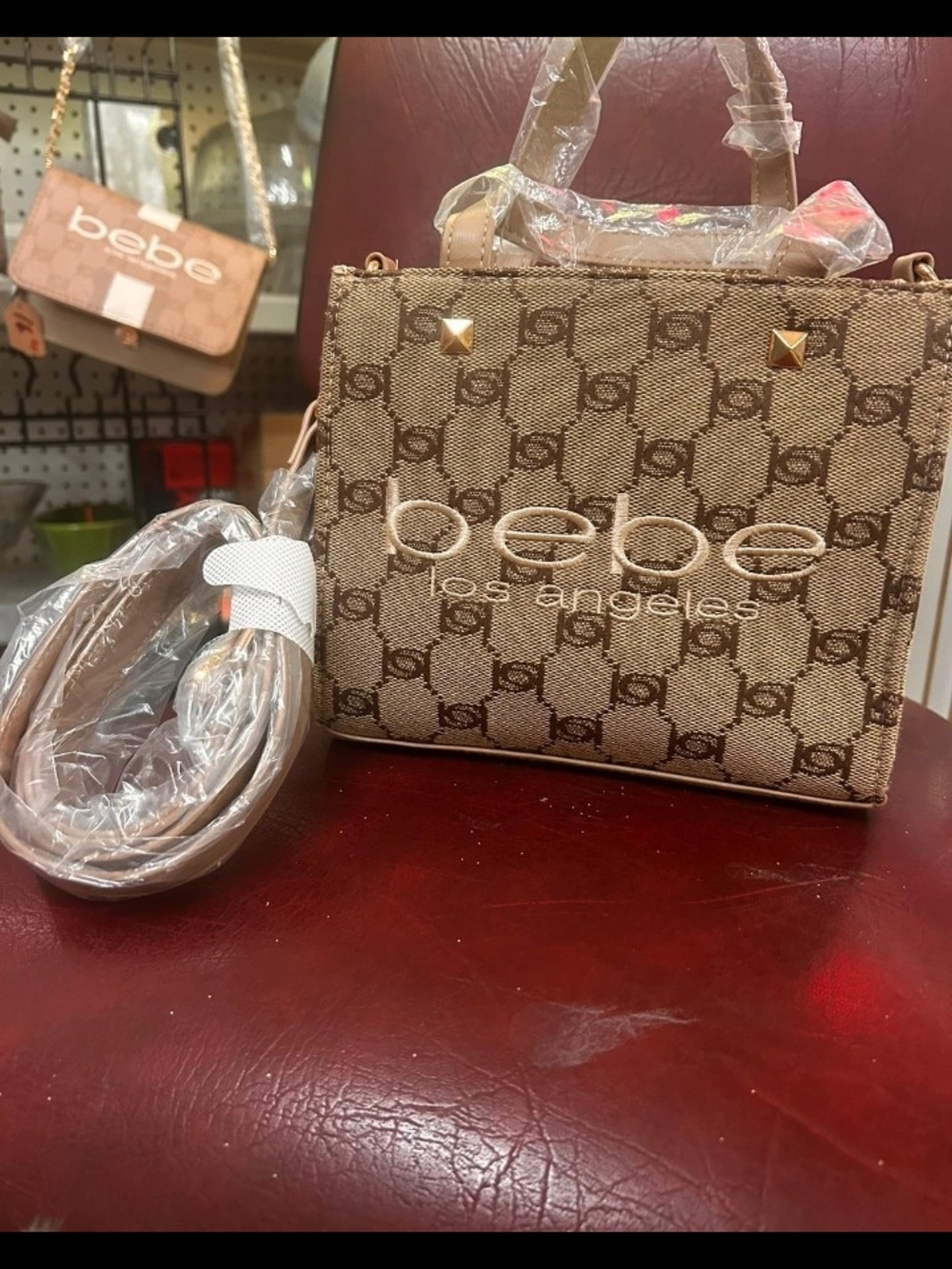 bebe Beige Tan Monogram Mini Tote with Gold Accents